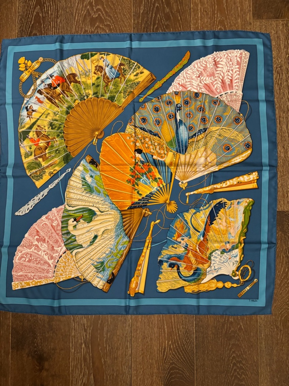 Hermes Blue Silk Scarf with Colorful Fan Motif